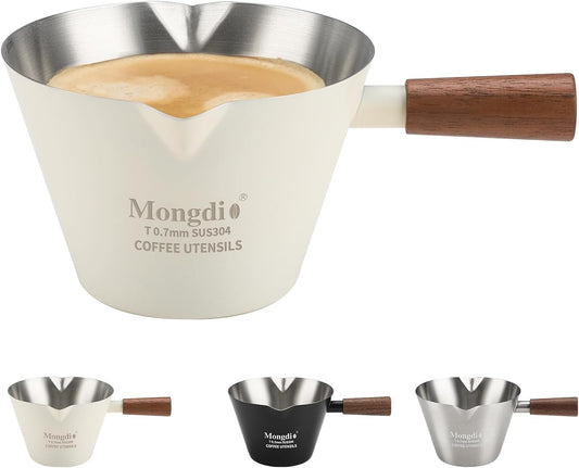 Mongdio Espresso Measuring Cup, Stainless Steel Espresso Shot Cups with Wooden Handle and Double Spouts, 6.8OZ/200ML, White