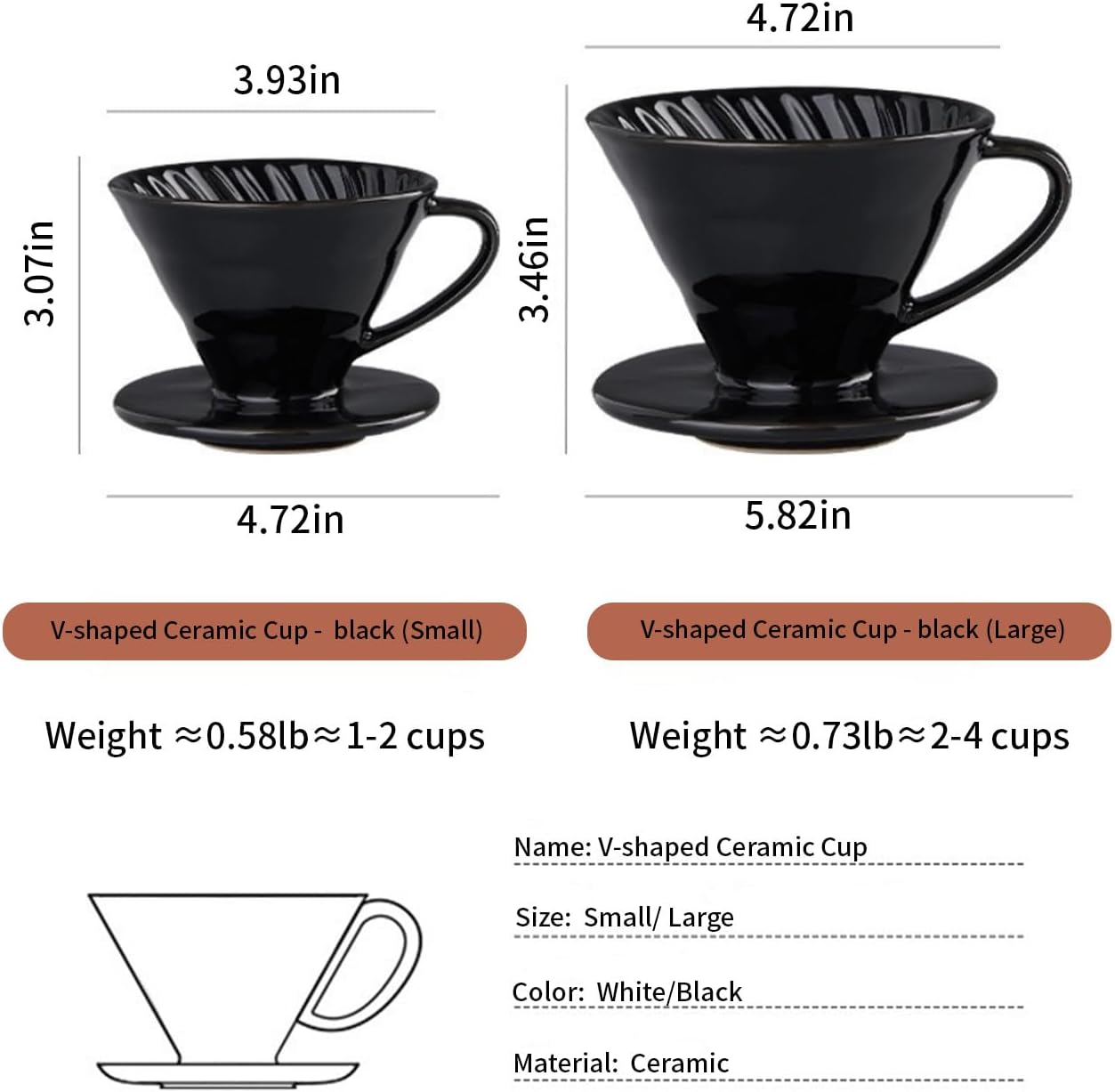 Pour Over Coffee Maker, Single Cup Coffee Dripper, Manual Porcelain Slow Brewing Accessories for Travel, Camping, Office, Home, Cafe, Coffee Gifts (Black, Large)