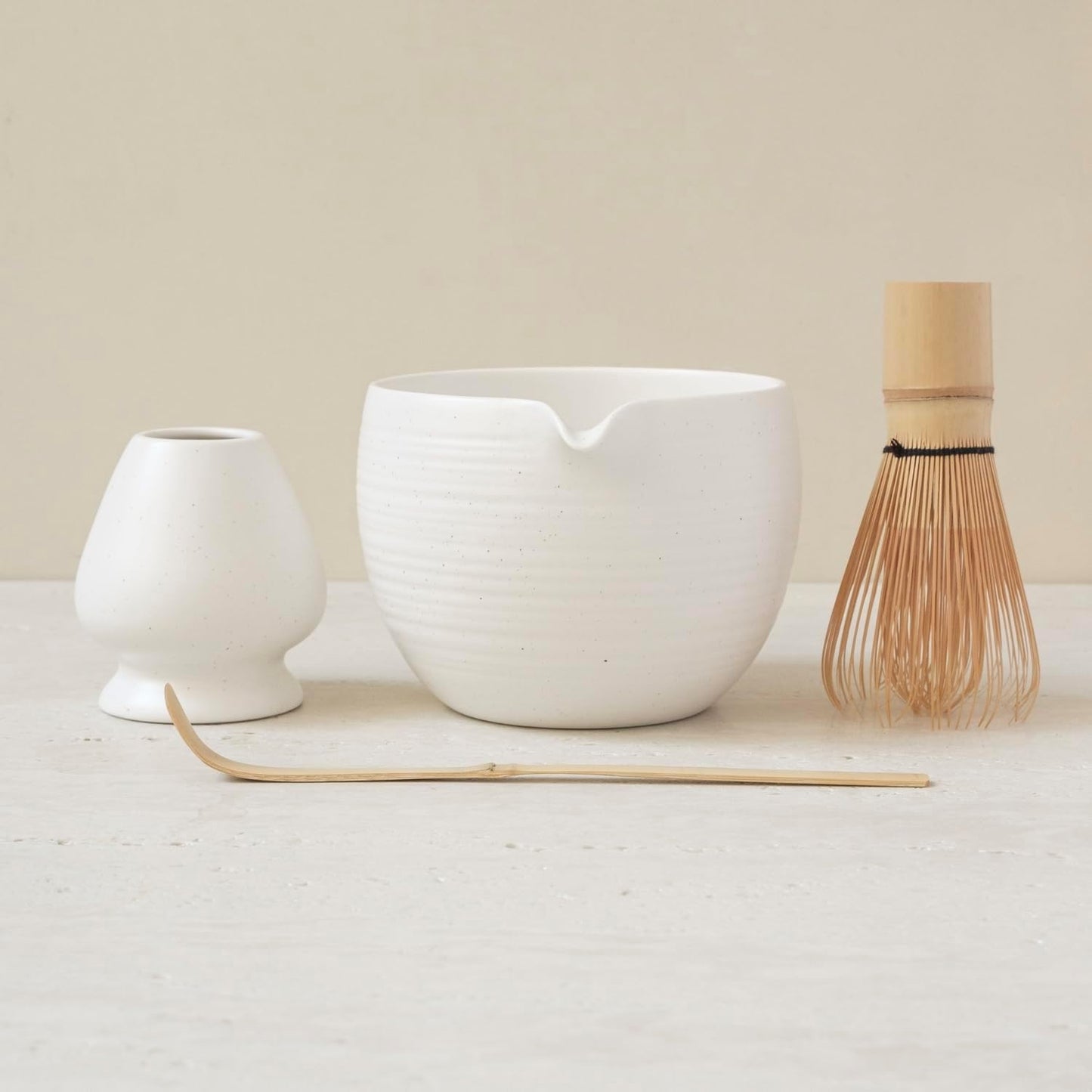 WENSHUO Matcha Whisk Set, Ceramic Matcha Bowl & Whisk Holder, Bamboo Accessory, Modern Design (Matte White, Pouring Spout)