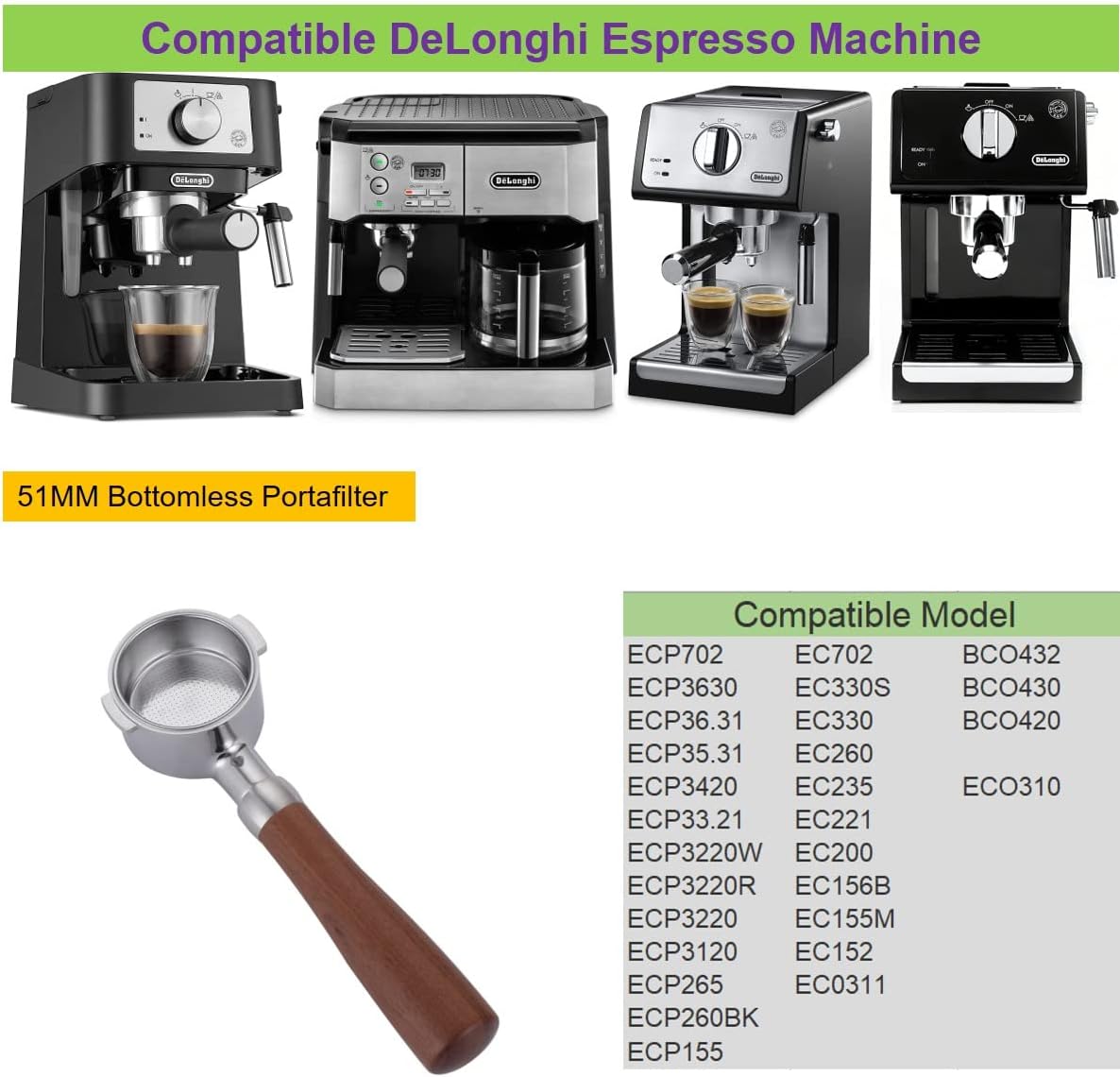 51mm Bottomless Portafilter Compatible with DeLonghi Espresso Machine Stainless Steel 51mm Portafilter 2 Ear for ECP3420/ECP3630/ECP3120/EC260BK/EC265/EC155/EC702/BCO430 Handle-RoseWooden