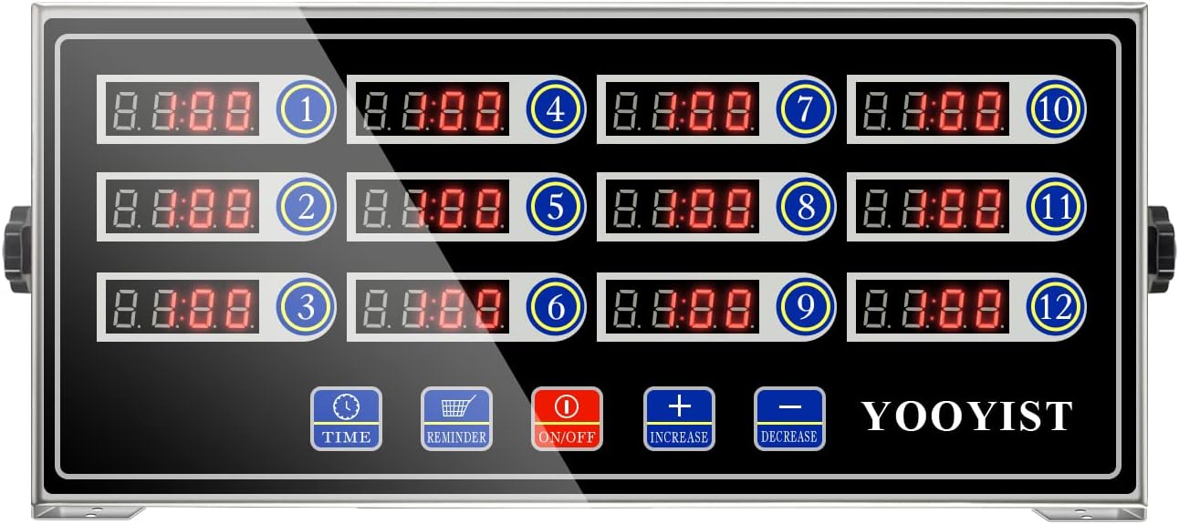 Commercial Kitchen Timers 12 Channel Stainless Steel LED Digital Timer Reminder Function, Loud Alarm, Black