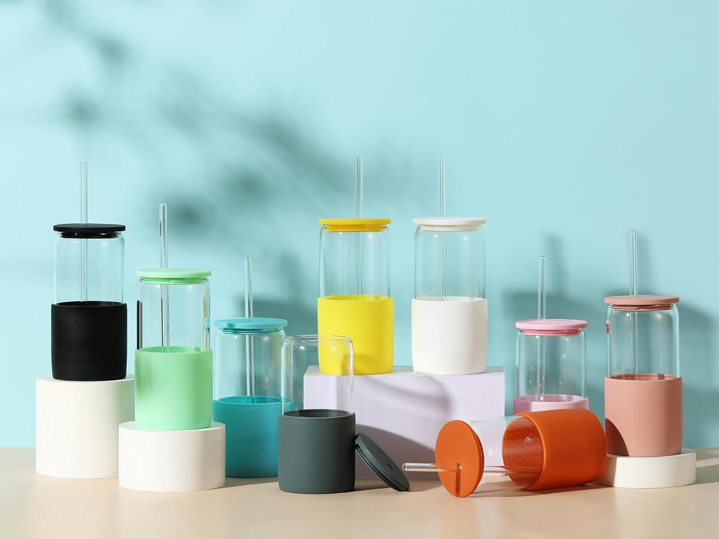 Sunseeke Glass Tumbler with Straw and Lid, 16oz Ice Coffee Cup, Silicone Sleeve Cleaning Brushes, Drinking Glasses for Water, Iced Coffee, Smoothie - BPA Free (Slate blue-gray)