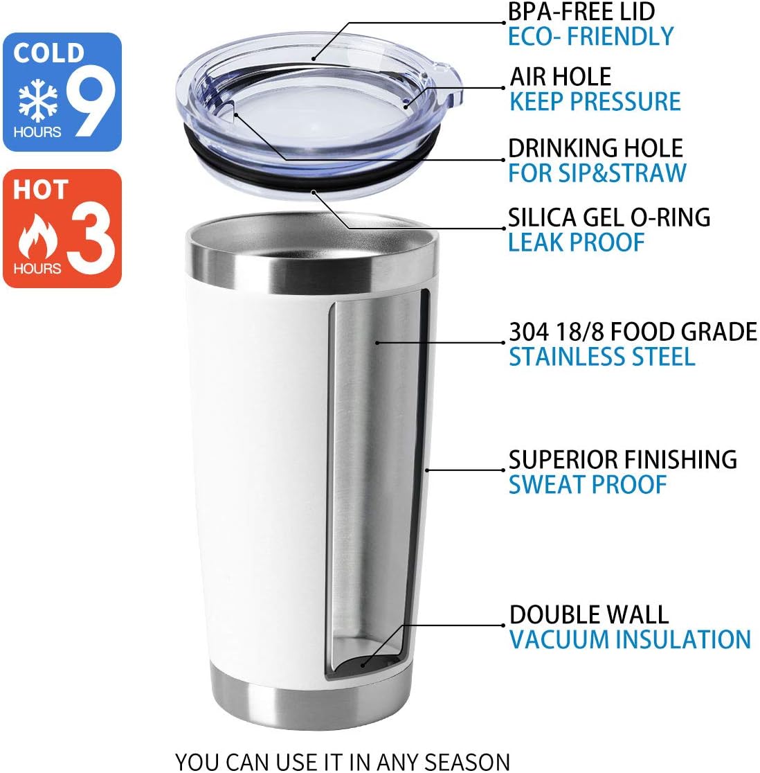 HASLE OUTFITTERS 20oz Tumblers Bulk Stainless Steel Cup with Lid Double Wall Vacuum Insulated Coffee Mug for Cold & Hot Drinks 8 Pack, White