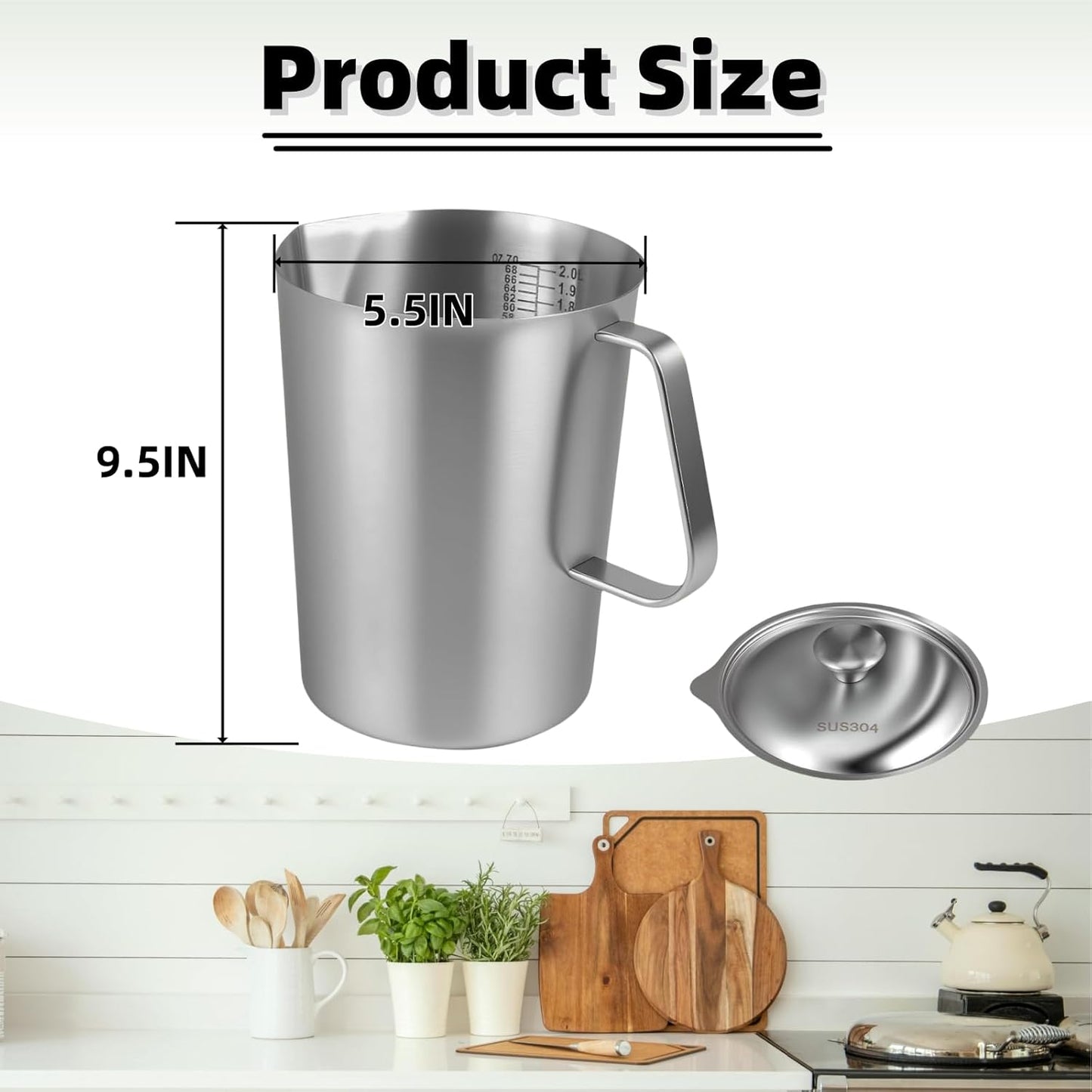 70 oz Stainless Steel Pitcher with Lid and Handle – Large Metal Measuring Cup with Markings, 2 Liter Water Jug for Frothing Milk, Latte Art, Coffee, Iced Tea, Espresso, Hot or Cold Liquids
