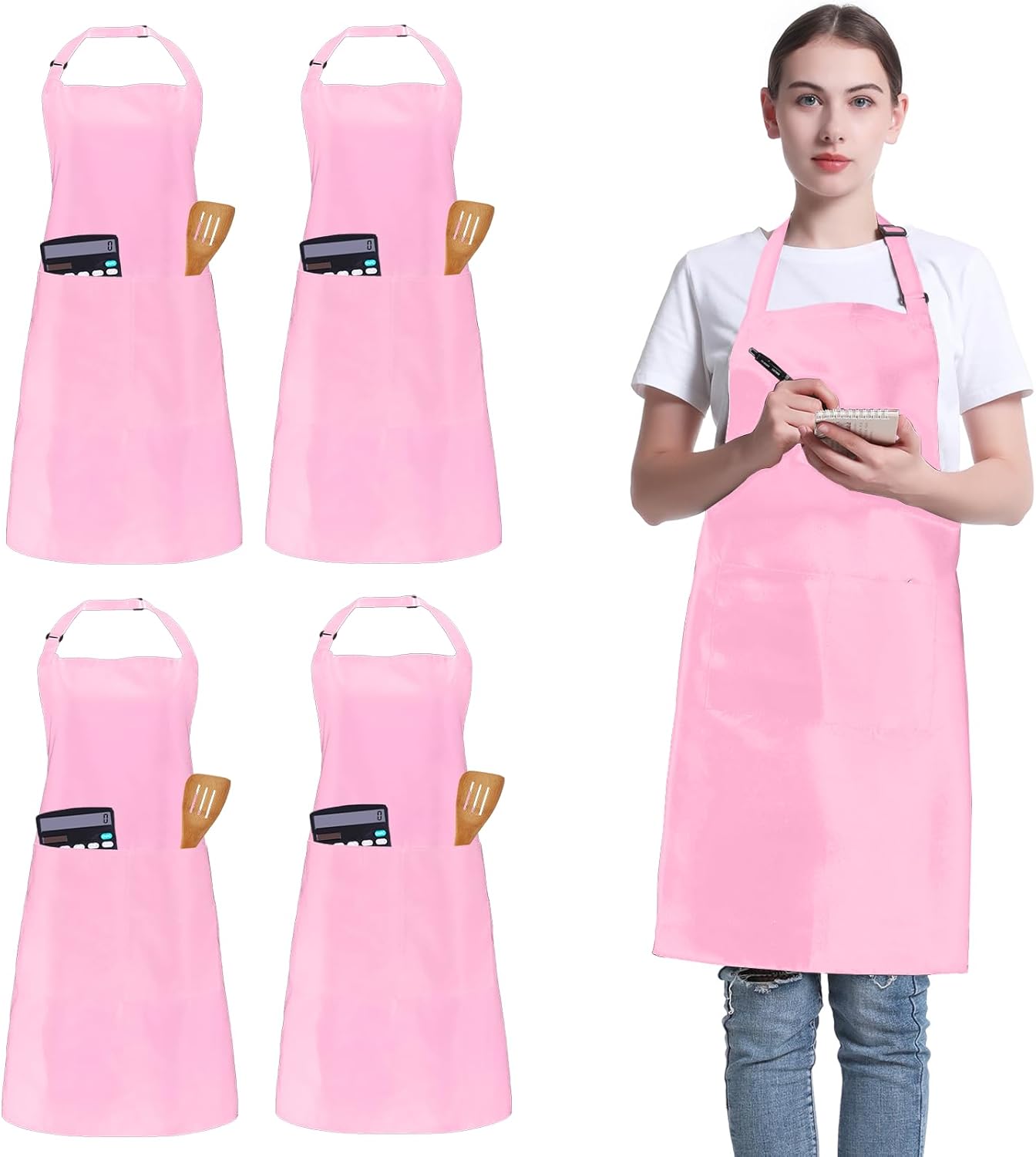 4 Pack Chef Apron, Adjustable Apron with 2 Pockets, Unisex Personalised Apron for Cooking, Kitchen, Restaurant