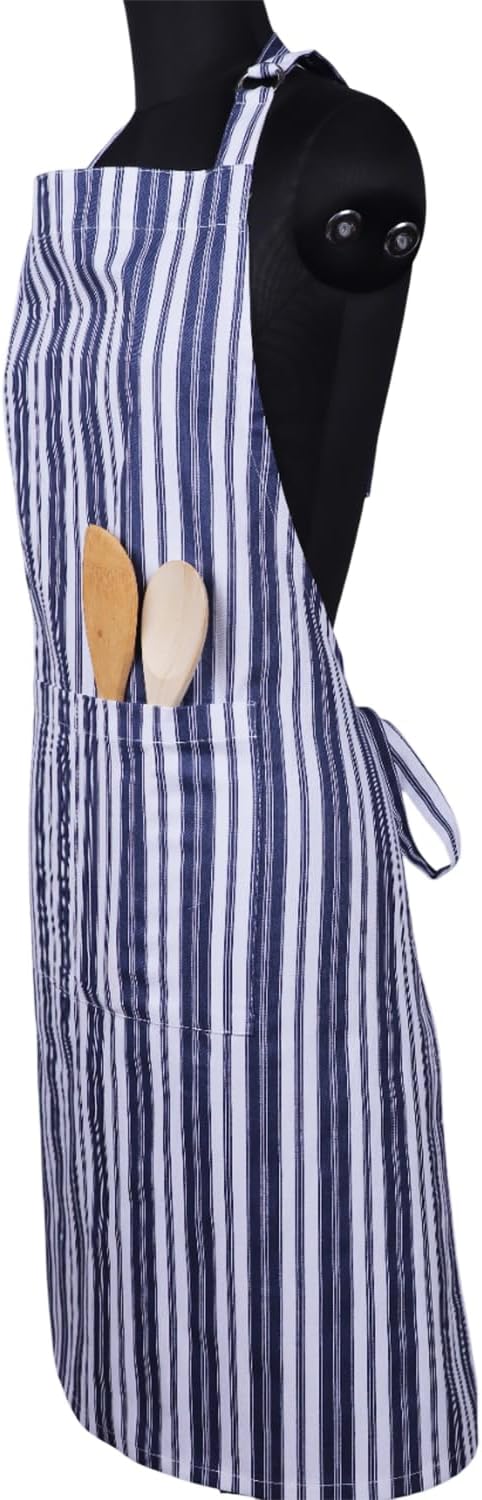 AMOUR INFINI Cotton Aprons for Women with Pockets Adjustable Strap and Waist Ties Reusable Printed Aprons for Baking, Cooking, Gardening (27.5 x 33 Inches - Blue)