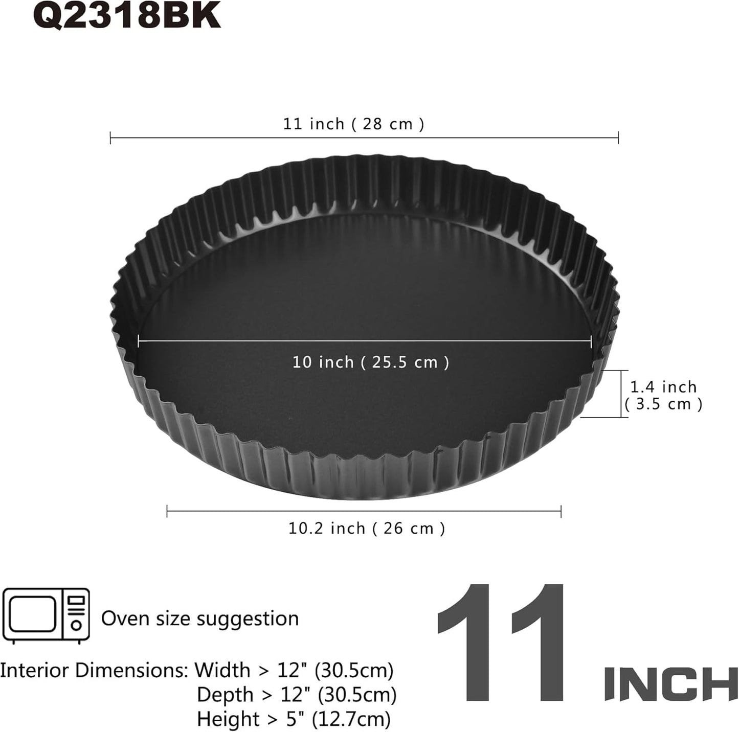 11-Inch Round Tart Pan with Loose Removable Bottom, Non-Stick Carbon Steel Quiche Pan for Oven Baking (Black)