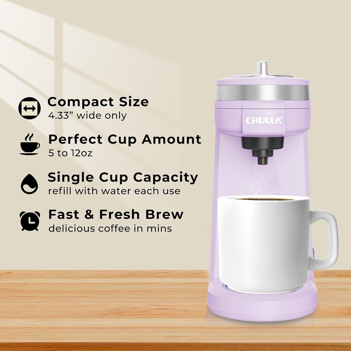 CHULUX Mini Coffee Maker for K Capsule, Single Serve Coffee Maker for One Cup Americano, Lightweight Pod Coffee Machine, Lavender