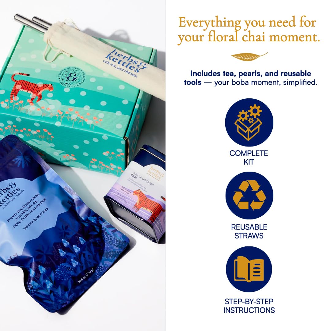 Herbs & Kettles Vanilla Lavender Chai Boba Kit | Assam Black Tea with Real Vanilla Bean, Lavender Flowers & Warming Spices + Chewy Tapioca Pearls | DIY Bubble Tea Kit with Reusable Straws