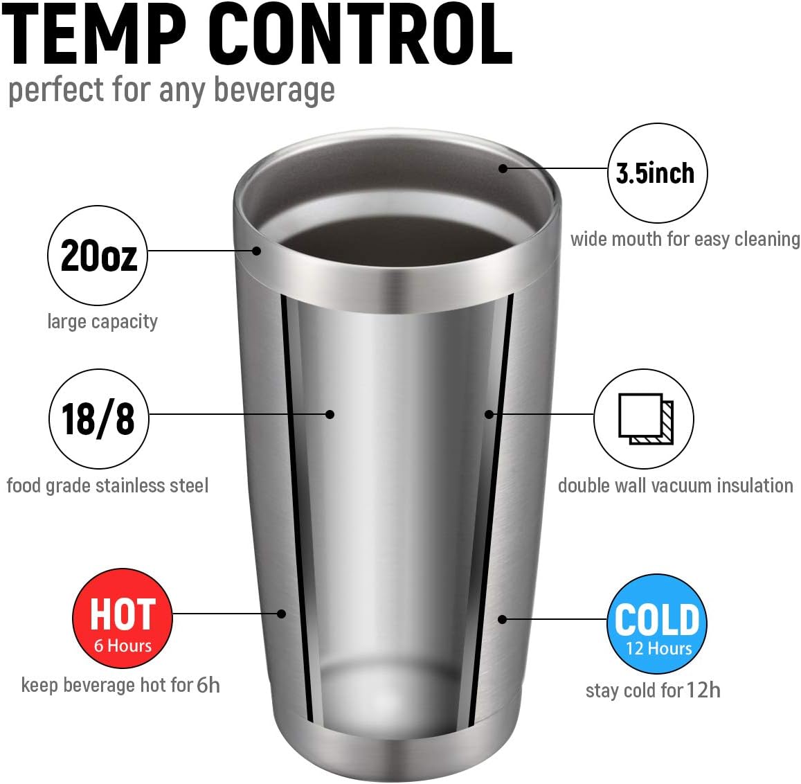 COMOOO 20oz Stainless Steel Tumbler Bulk Double Wall Vacuum Coffee Cup Insulated Travel Mug with Lid and Straw Durable Powder Coated Insulated Coffee Cup for Cold & Hot Drinks (silver, 4 pack