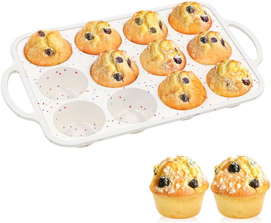 FUNBAKY Silicone Muffin Pan with Metal Frame, Nonstick 12 Cups Regular Size Silicone Muffin Tin for Oven Baking Easy to Move with Handle BPA Free