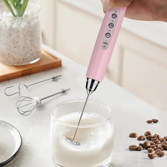 Milk Frother Rechargeable Handheld - Electric Whisk 3 Speed Adjustable, Coffee Frother Wand with 3 Stainless Whisks, Electric Foam Maker, Drink Mixer Blender for Latte Cappuccino Matcha Egg