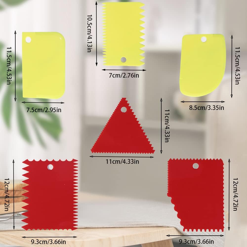 Cake Scraper Cake Decorating Comb,Cake Scraper Smoother,Flexible Plastic Dough Scraper For Bread Making,Reusable Pastry Pizza Dough Cutter Tool For Baking Cake Edge Stripe Decorating(6Pcs,Red,Yellow)
