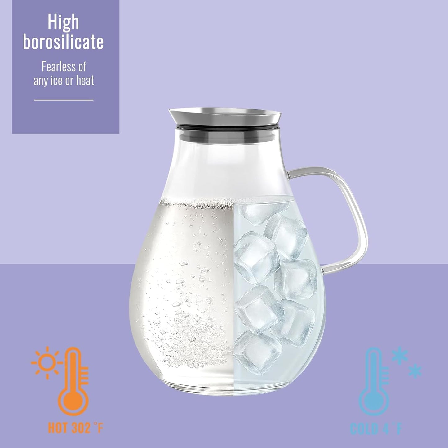 Glass Pitcher, 51 oz Glass Water Pitcher Jug Carafe, 0.4 Gallon Clear Tea Pitchers With Handle And Lid, Pitcher With Lid And Spout for Hot/Iced Water Milk Juice Coffee Fruit