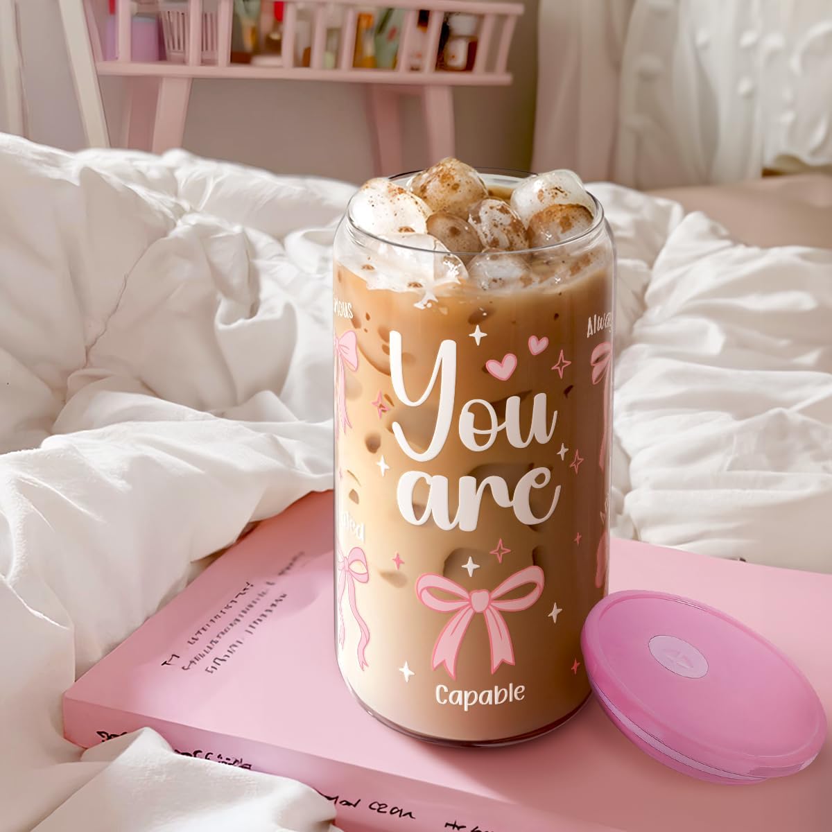 Christian 16oz Can Glass Tumbler with Acrylic Lid & Straw, Iced Coffee Cup for Women Girls, Aesthetic Cups Gifts for Birthday Christmas