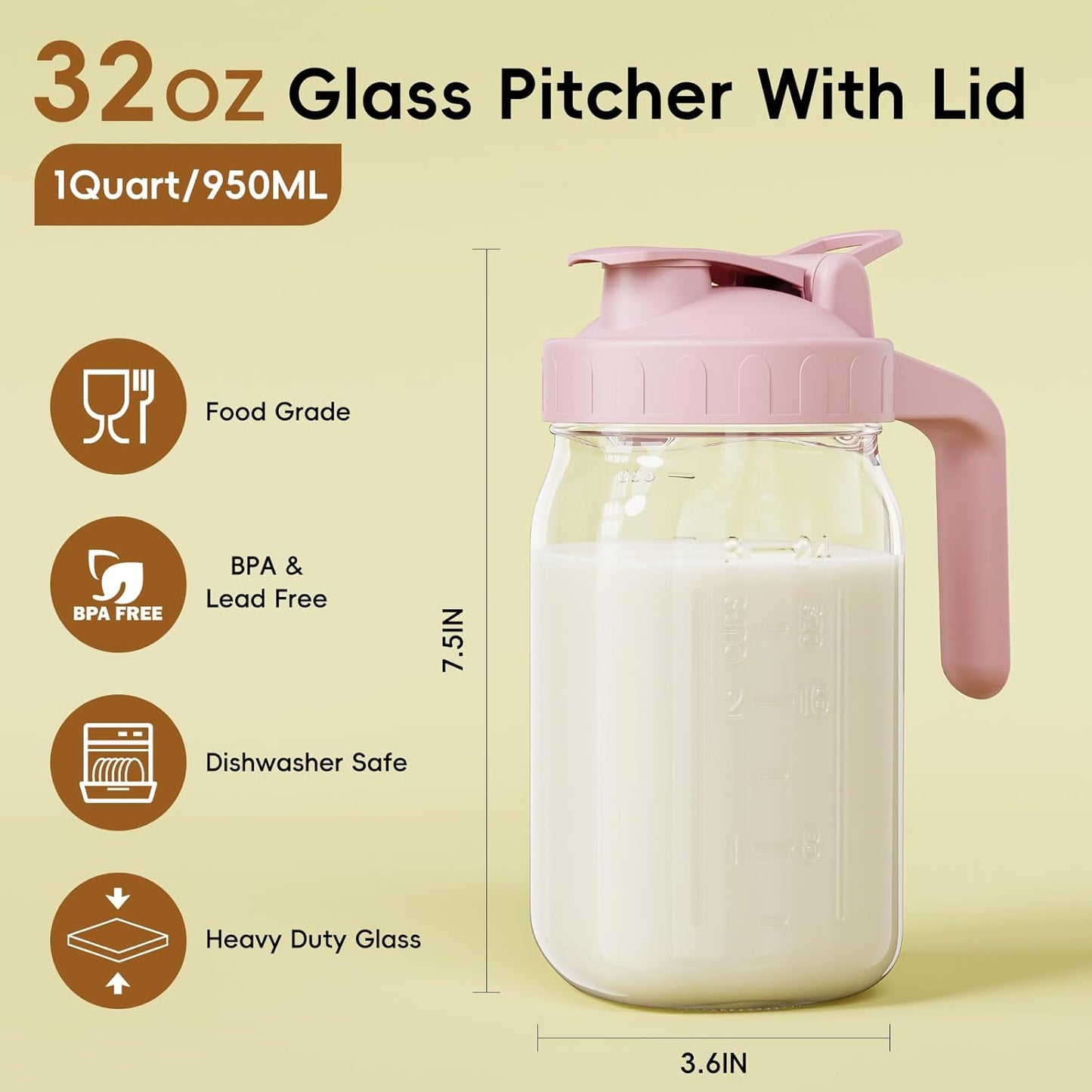 Breast Milk Pitcher Jug - 32 oz Glass Mason Jar Airtight Pitcher with Pour Spout Handle for Breastmilk, Iced Tea, Ice Drinks Storage Container（Pink）
