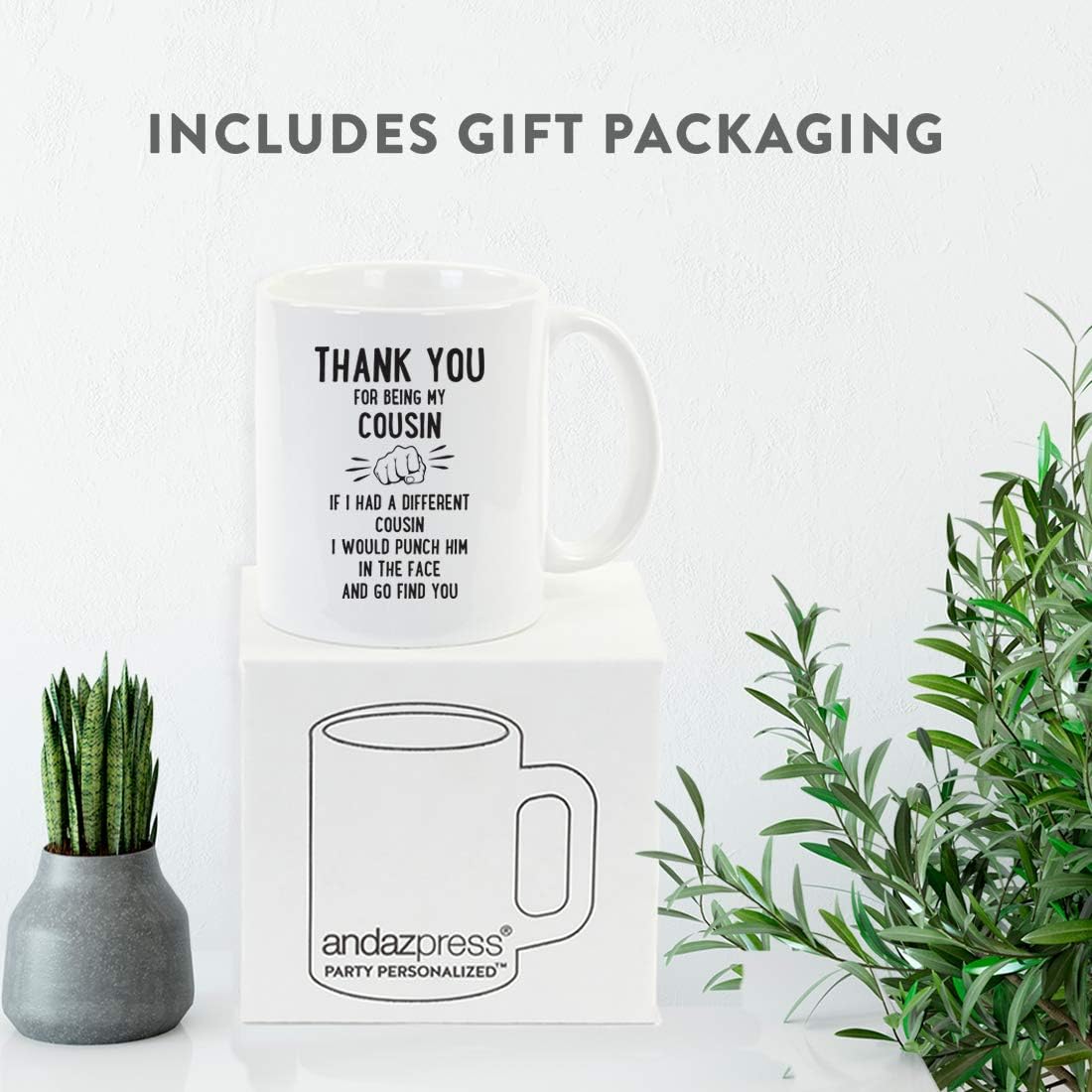 Andaz Press Funny Family 11oz. Coffee Mug Gift, Thank You for Being My Cousin, Punch in Face, 1-Pack, Christmas Birthday Drinking Cup Present Ideas