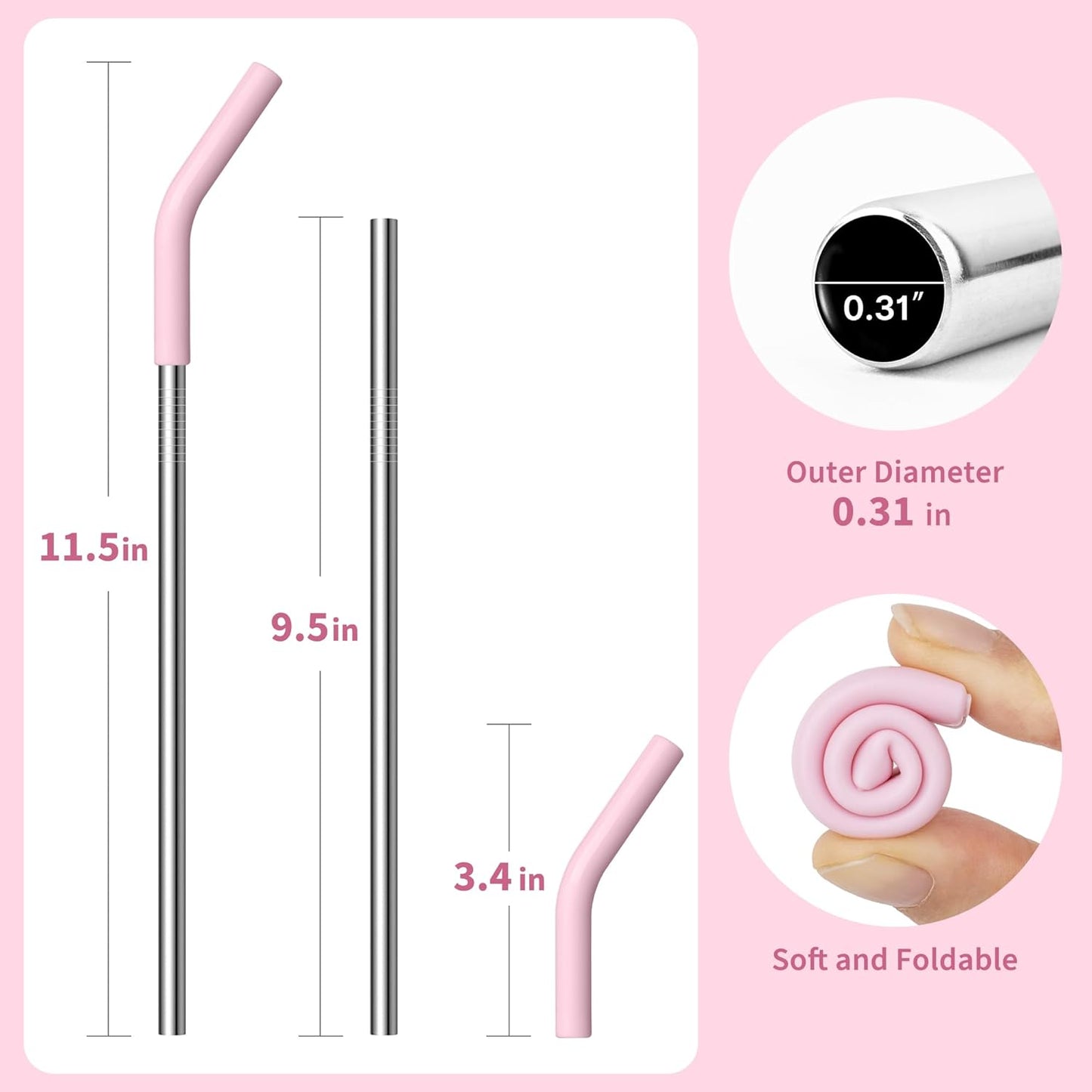 Metal Straws Reusable for YETI 30 oz Tumbler,9.5 "Stainless Steel Drinking Straws with Silicone Tip for 30 oz Cup Tumbler, Cleaning Brush, 1 Portable Bag