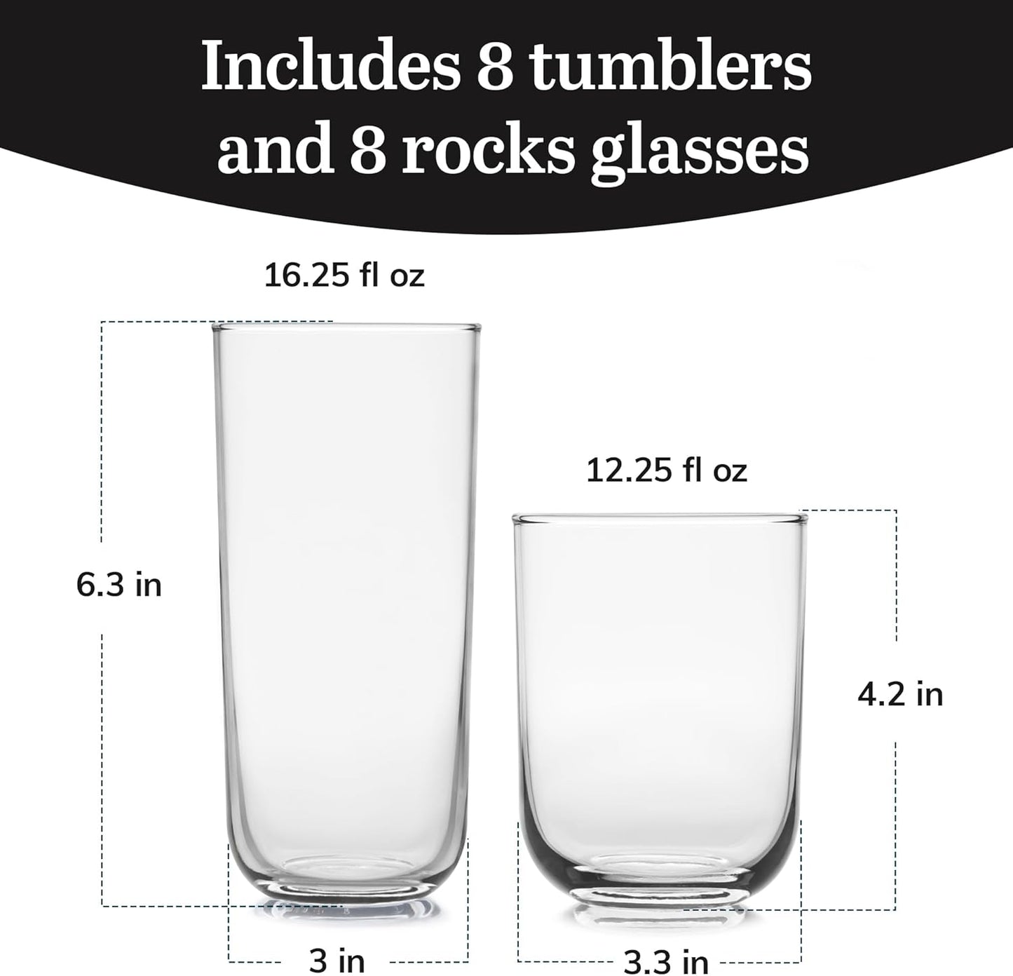 Libbey Polaris Tumbler and Rocks Glass Set, Elegant Drinkware Glasses Set, Lead-Free Tall Drinking Glasses with Modern Clean Lines, Dishwasher Safe Drinking Glasses Set of 16, Axis