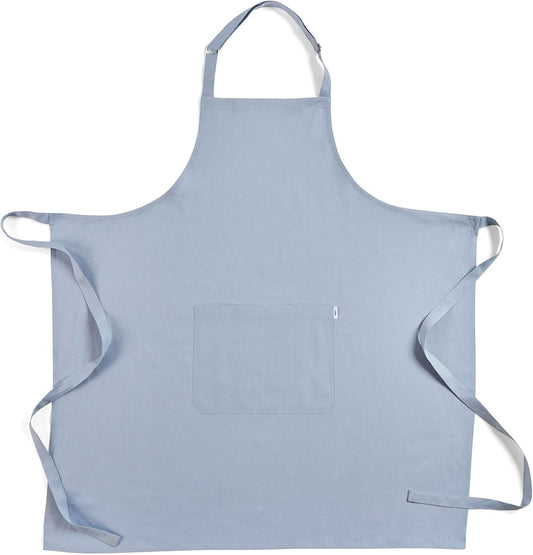 Solino Home 100% Pure Linen Apron for Women & Men - Dusty Blue Stripe Full Midi Bib Apron, Adjustable Neck Strap with Center Pockets for Kitchen, Chef - Handcrafted from European Flax