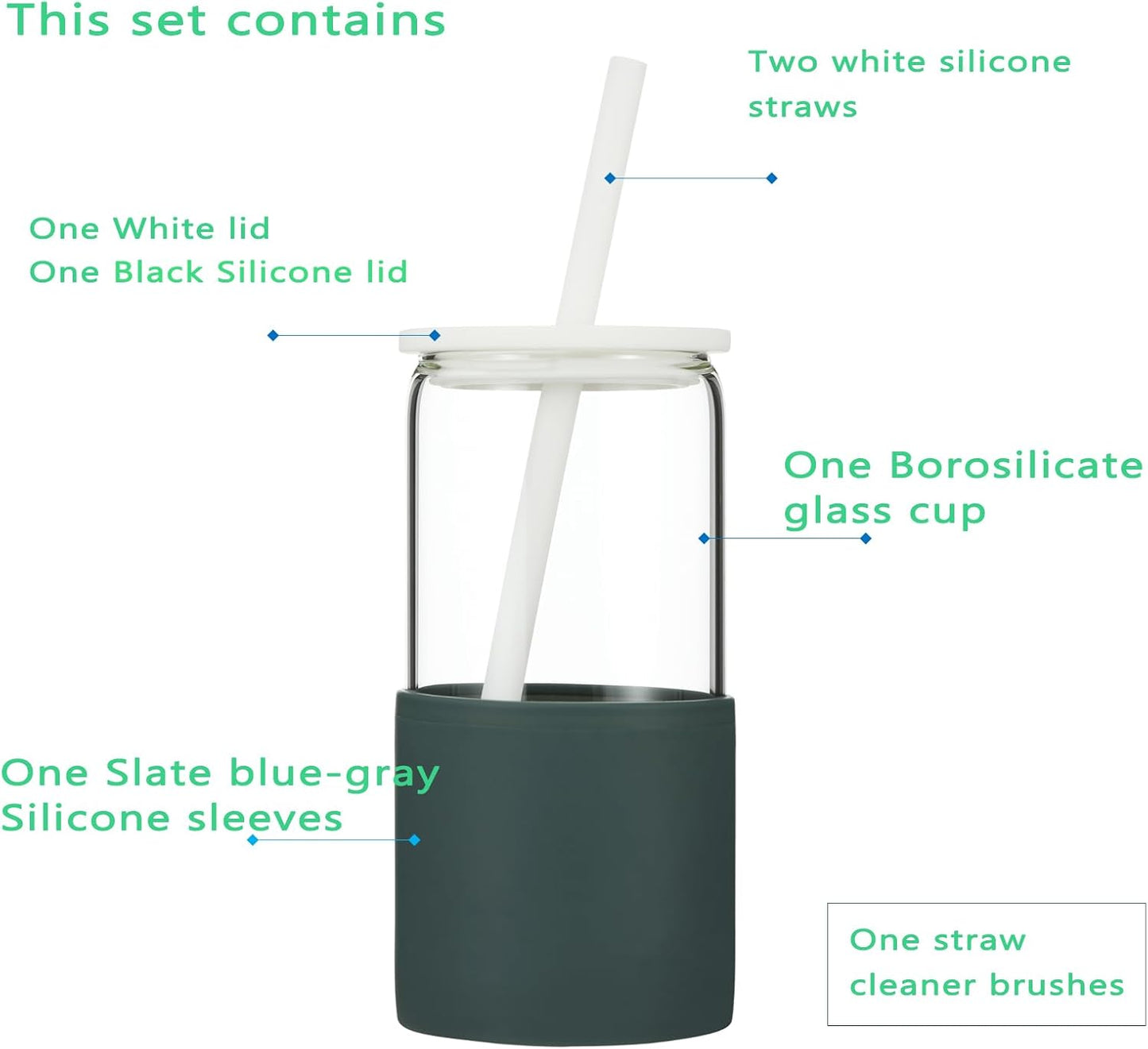 Sunseeke Glass Tumbler with Straw and Lid, 16oz Ice Coffee Cup, Silicone Sleeve Cleaning Brushes, Drinking Glasses for Water, Iced Coffee, Smoothie - BPA Free (Slate blue-gray)