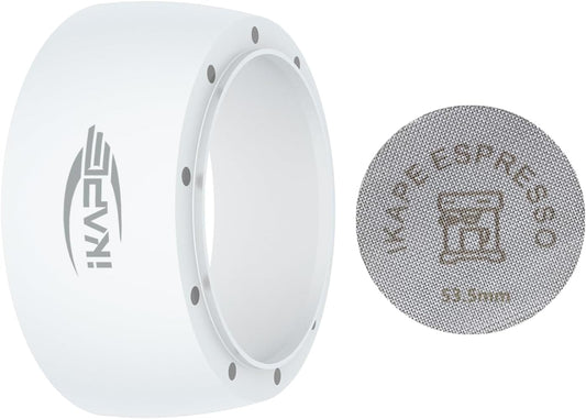 IKAPE Magnetic Dosing Funnel Set, 53MM Espresso Dosing Ring & Puck Screen Kit Compatible with Delonghi 54MM Bottomless Portafilter - with 8 Small Magnet (White)