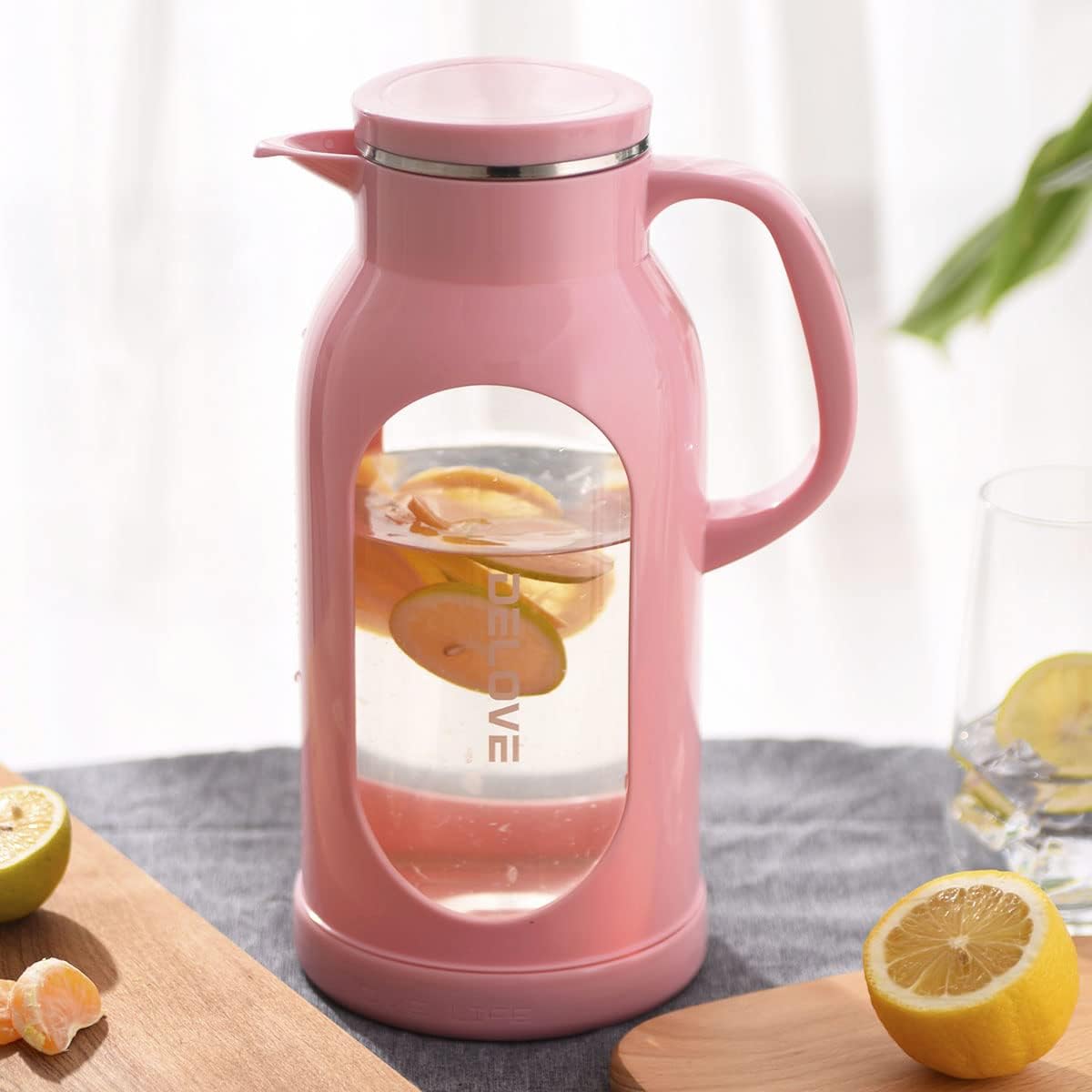 Delove 68 oz/2 Liter Glass Pitcher with Shatterproof Shell - Heat Resistant Glass Liner - Stainless Steel Lid - Carafe & Jug for Iced Tea,Hot/Cold Water,Homemade Juice Beverages (Pink)