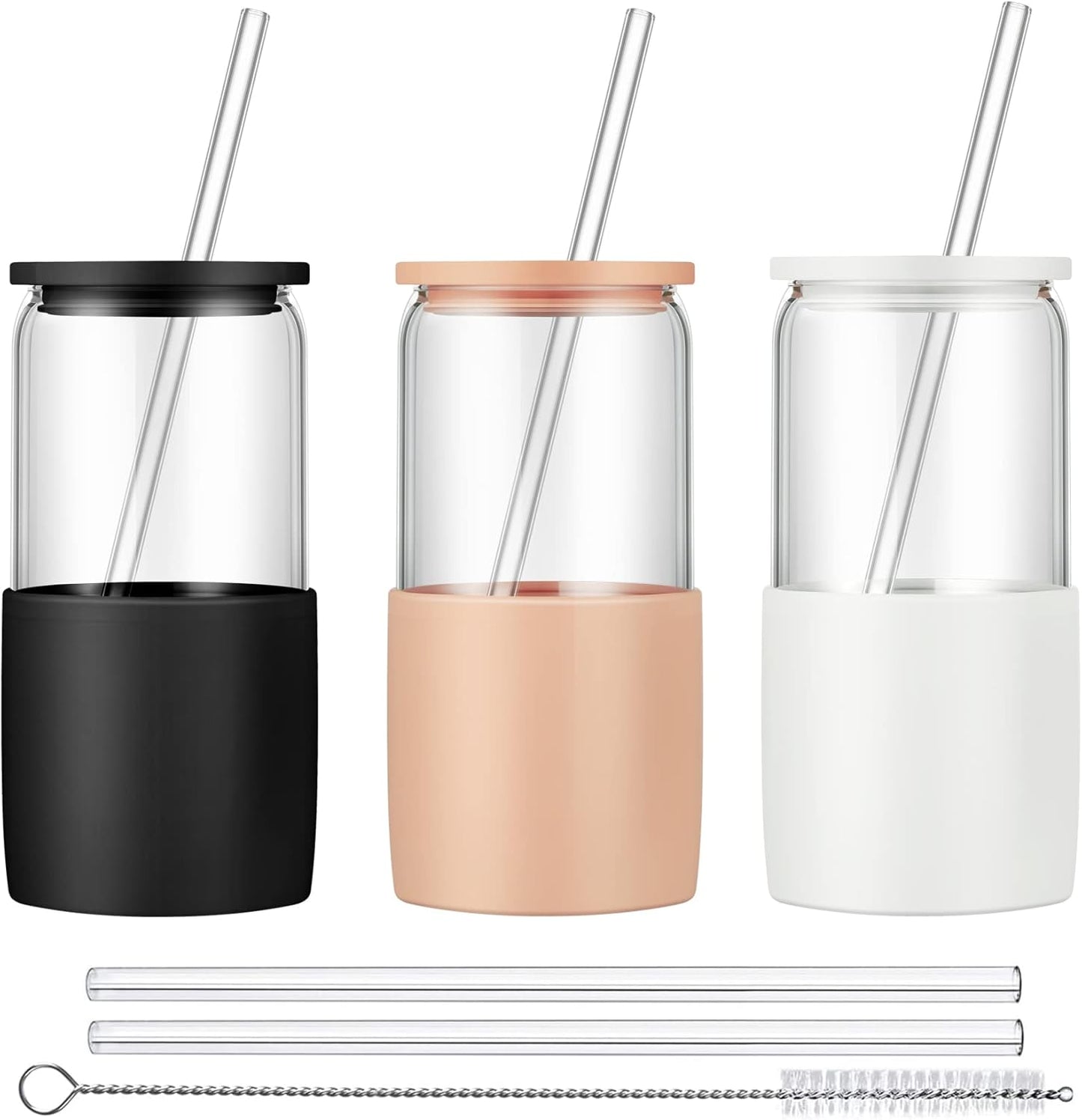 Sunseeke Glass Tumbler with Straw and Lid, 16oz Ice Coffee Cup, Silicone Sleeve Cleaning Brushes, Drinking Glasses for Water, Iced Coffee, Smoothie -BPA Free -3Pack