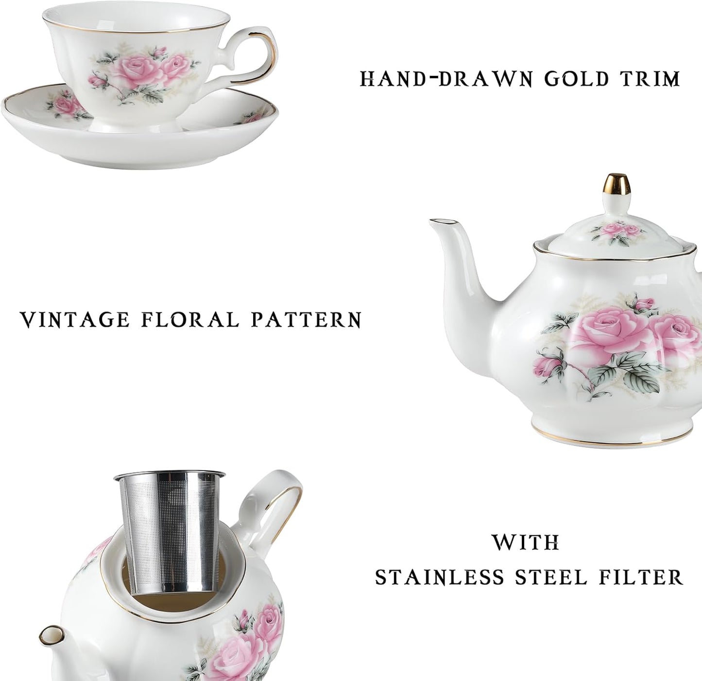 Sweejar Ceramic Teapot with Infuser, Floral Relief Gold Rimmed Teapot, 29 OZ Porcelain Tea Pot for Blooming and Loose Tea, Coffee...(Pink Flower)