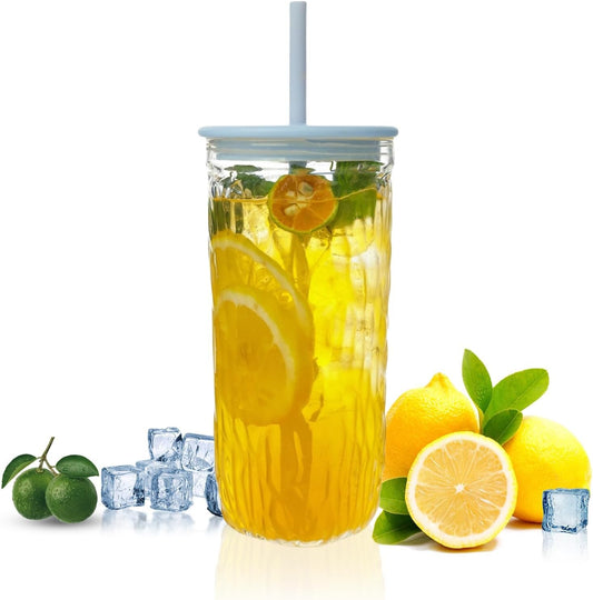 Bark Texture Glass Tumbler with Lid and Straw, Reusable Glass Cup for Coffee, Juice, Water, Tea, Smoothies, Heat Resistant, Dishwasher & Microwave Safe –16 oz Aesthetic Iced Coffee cup