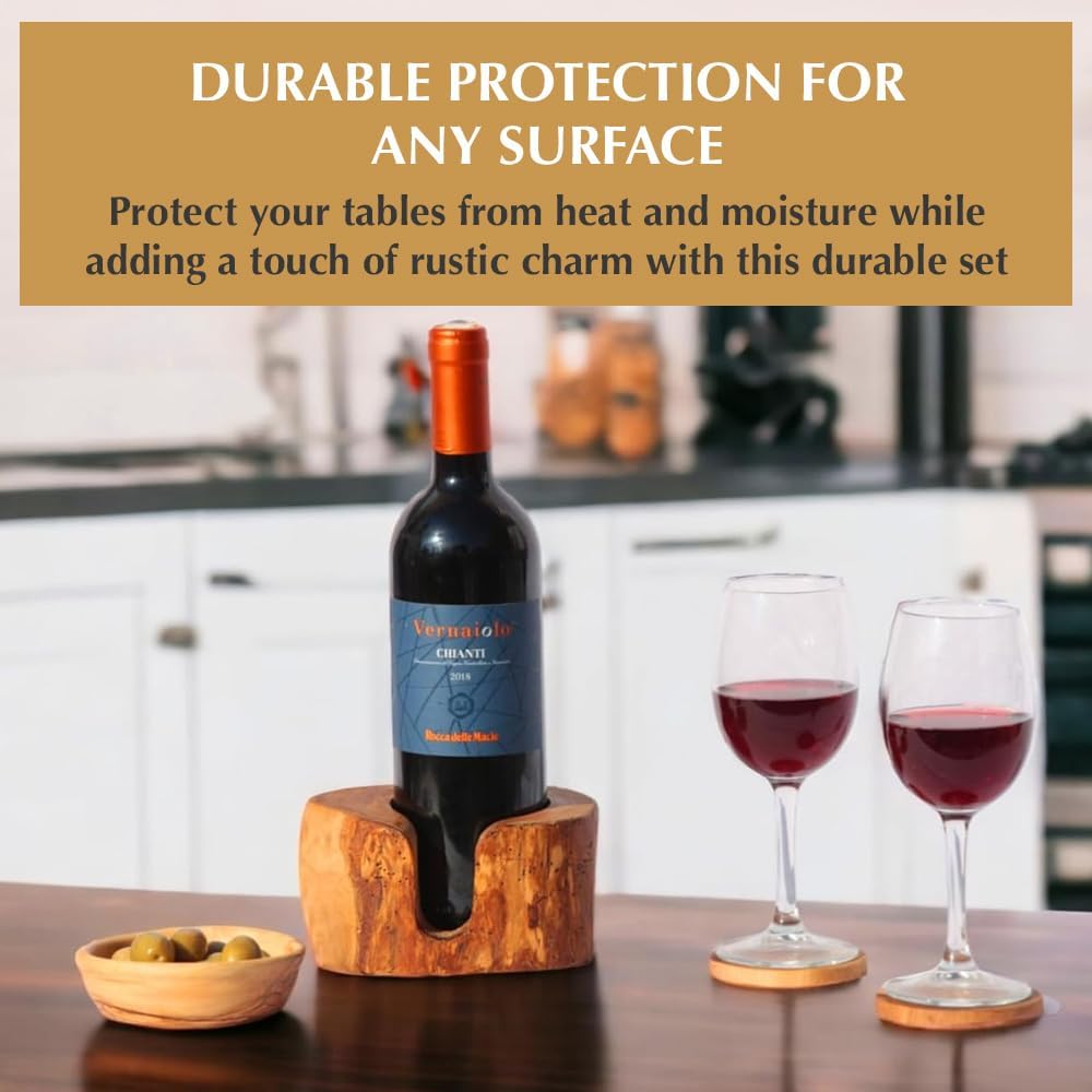 Kamsah Olive Wood Coasters Set of 6 & Holder - Handmade, Natural, Durable Wooden Coasters for Drinks - Round, Rustic, Farmhouse Coaster for Table, Bar, Desk, Coffee Table, Kitchen, & More