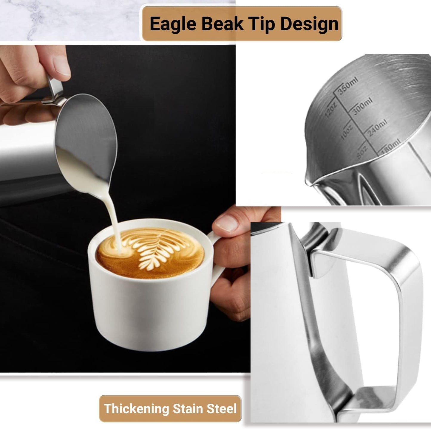 Milk Frothing Pitcher, 350ml/600ml (12oz/20oz) Milk Frother Cup Stainless Steel Jug Steaming Pitcher, Milk Coffee Cappuccino Latte Art Barista Steam Pitchers Milk Jug Cup with 2Pcs Decorating Pen