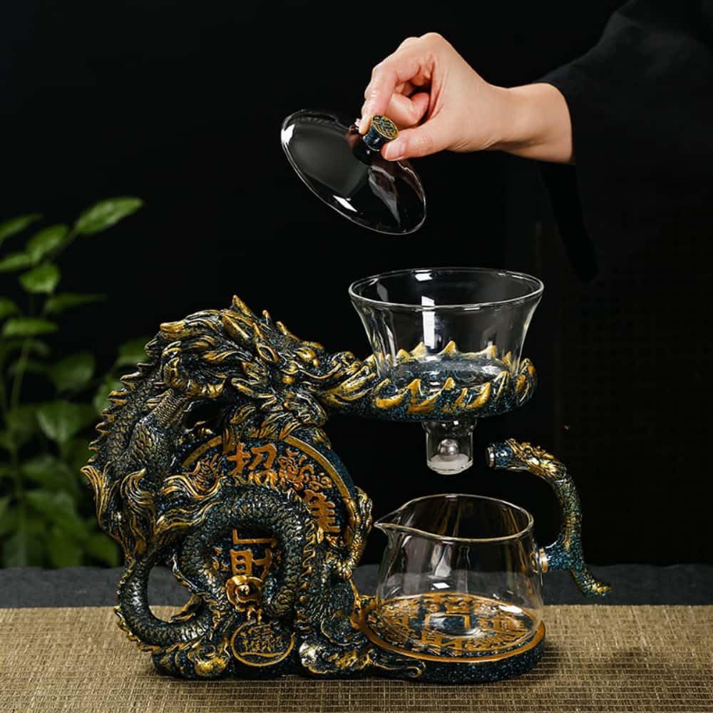 Glass Teapot Set with Infuser Semi Automatic Dragon Tea Set with 6 Small Cups (blue golden dragon-b)