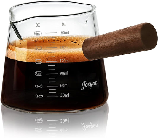 Joeyan 6 oz Glass Measuring Cup with Double Spouts,Borosilicate Espresso Shot Glasses with Wooden Handle,Claer Measuring Triple Milk Frothing Pitcher for Coffee Tea