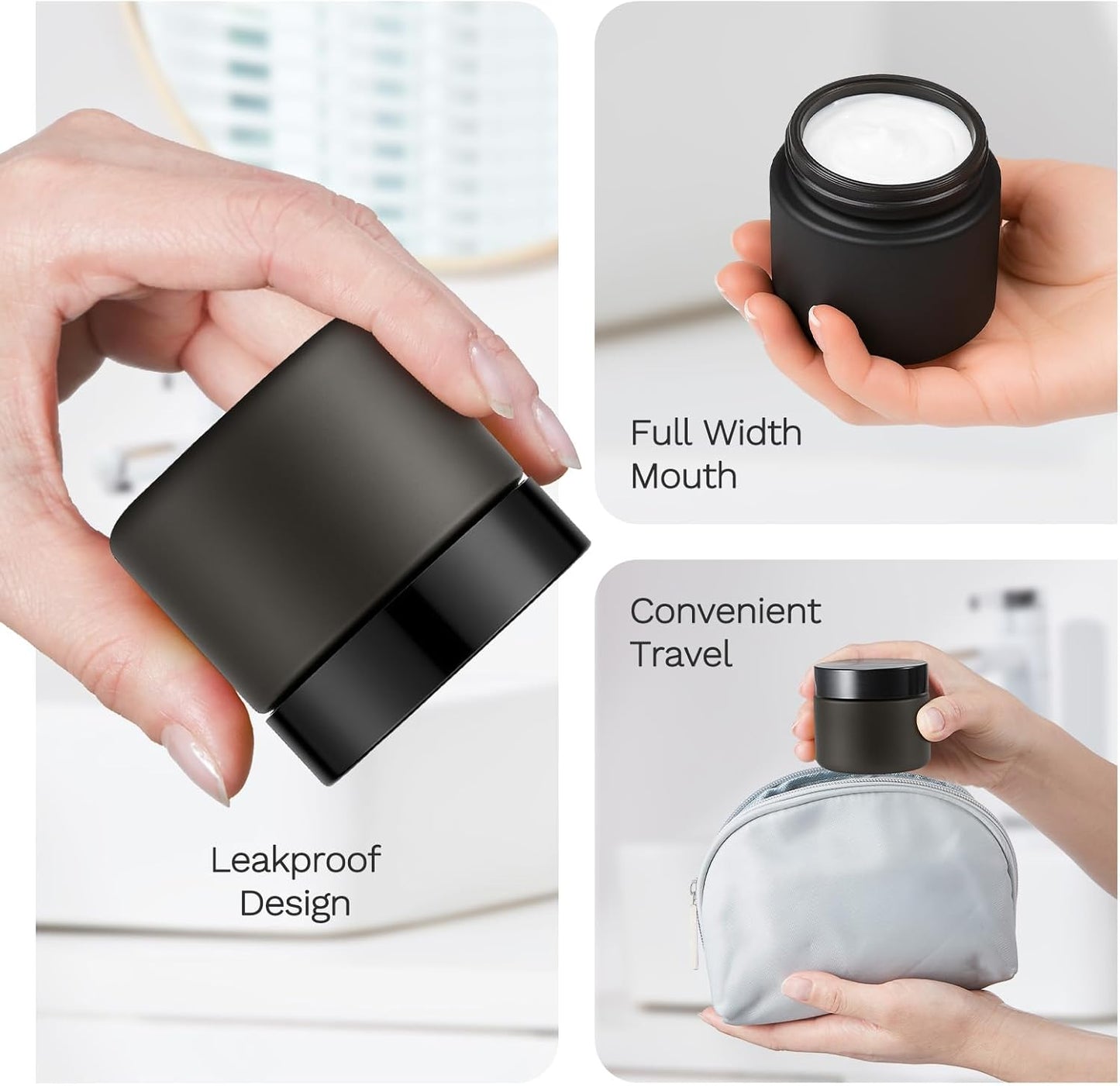 2 oz Glass Jars with Lids, Bumobum 48 pack Black Cream Jars with Black Lids, Black and White Labels & Inner Liners, Empty Cosmetic Containers for Cream, Lotion, Ointment