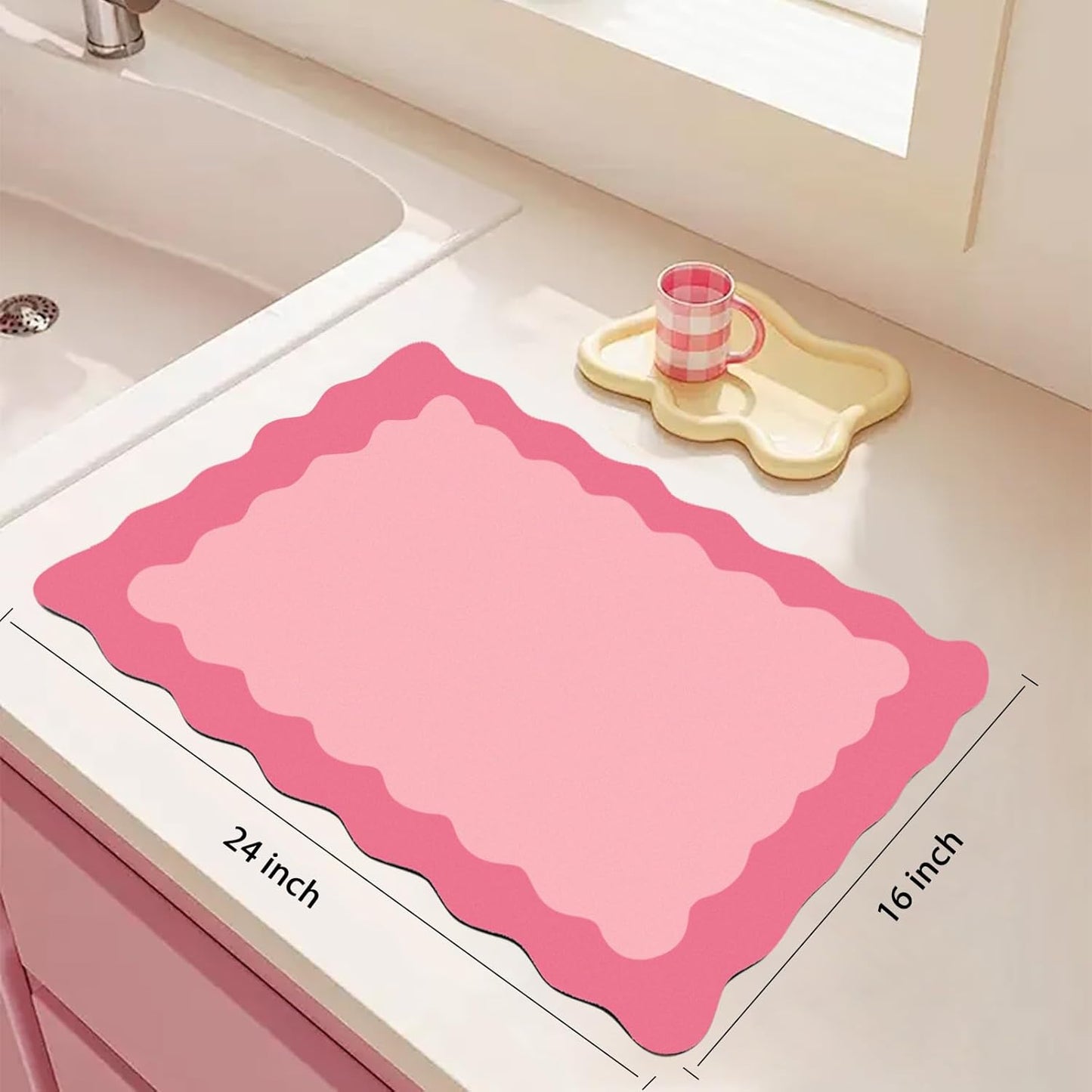 Scalloped Coffee Bar Mat for Countertop, Cute Dish Drying Mats for Kitchen Counter, Diatomite Absorbent Mat for Coffee Station, Kitchen Aesthetic Decor(16"x24", Rose Pink)