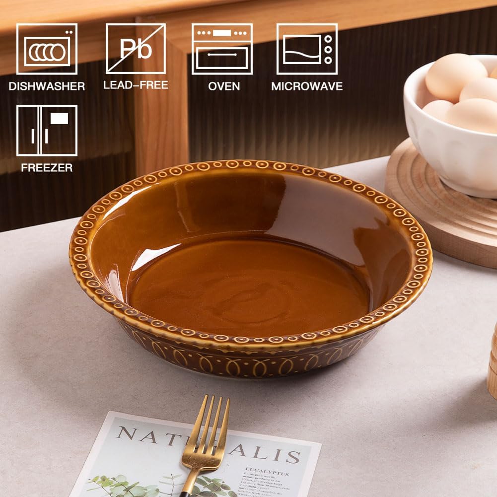 Sweejar Ceramic Pie Pan for Baking,Round Baking Dish Pan for Dinner 10 Inches, Pie Dish Non-Stick Pie Plate for Quiche,Tart，Cake,Pumpkin Pie, Pot Pies (Brown)