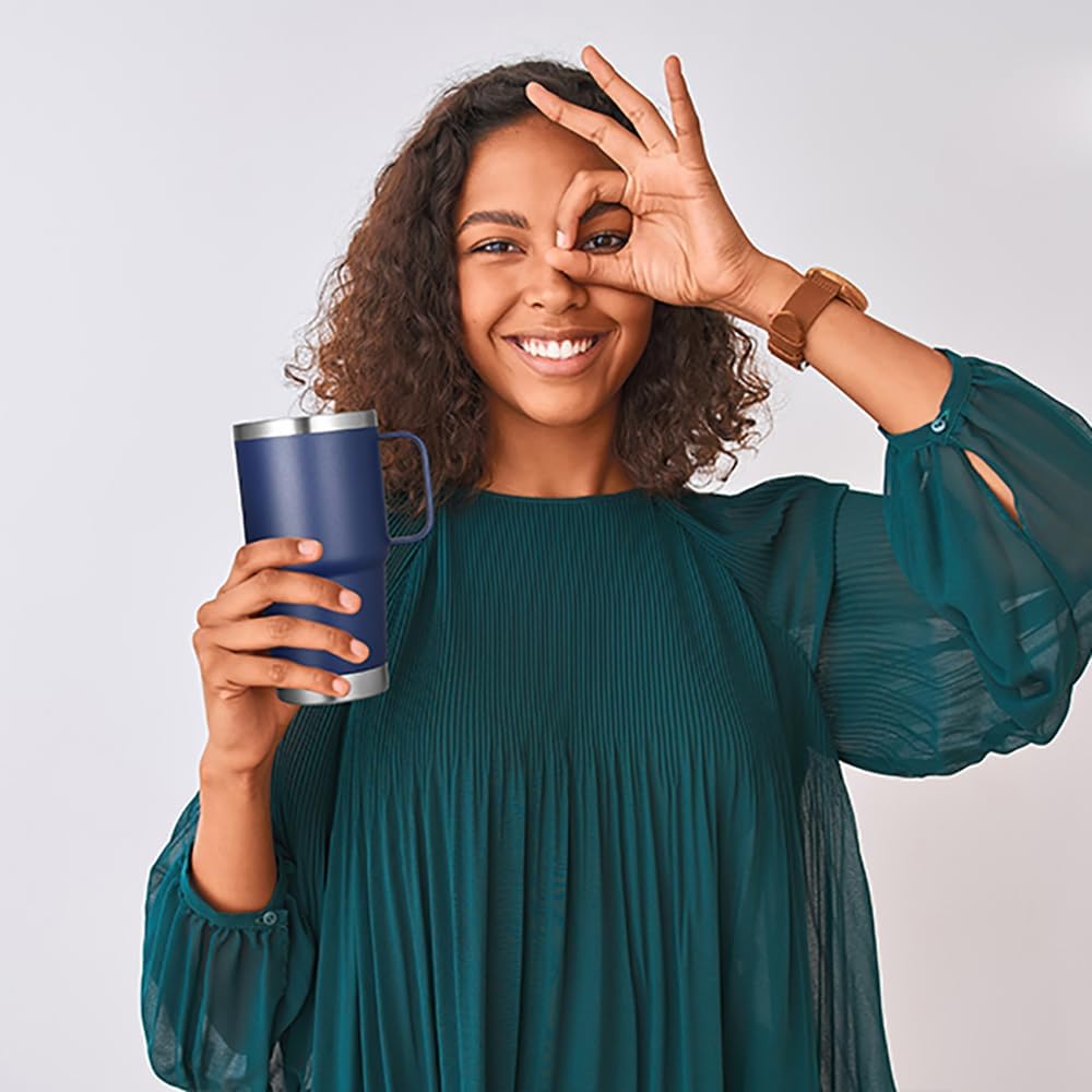 VEGOND 20 oz Tumbler Bulk with Handle Lid and Straw, Stainless Steel Insulated Travel Coffee Mug Set, Spill Proof Double Wall Metal Tumblers Cups, Navy Blue 6 Pack