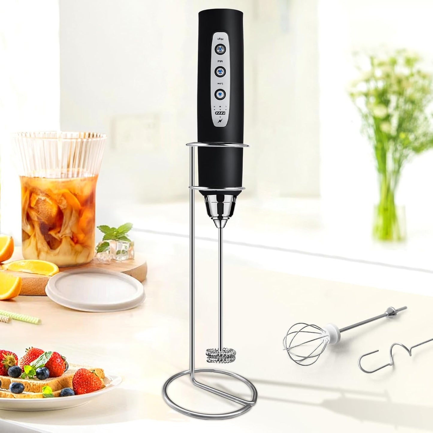 Milk Frother with Stand Rechargeable-Handheld Coffee Frother with 3 Stainless Whisks 3 Speed Adjustable, Electric Whisk Drink Mixer, Foam Maker Blender for Matcha Latte Cappuccino Chocolate