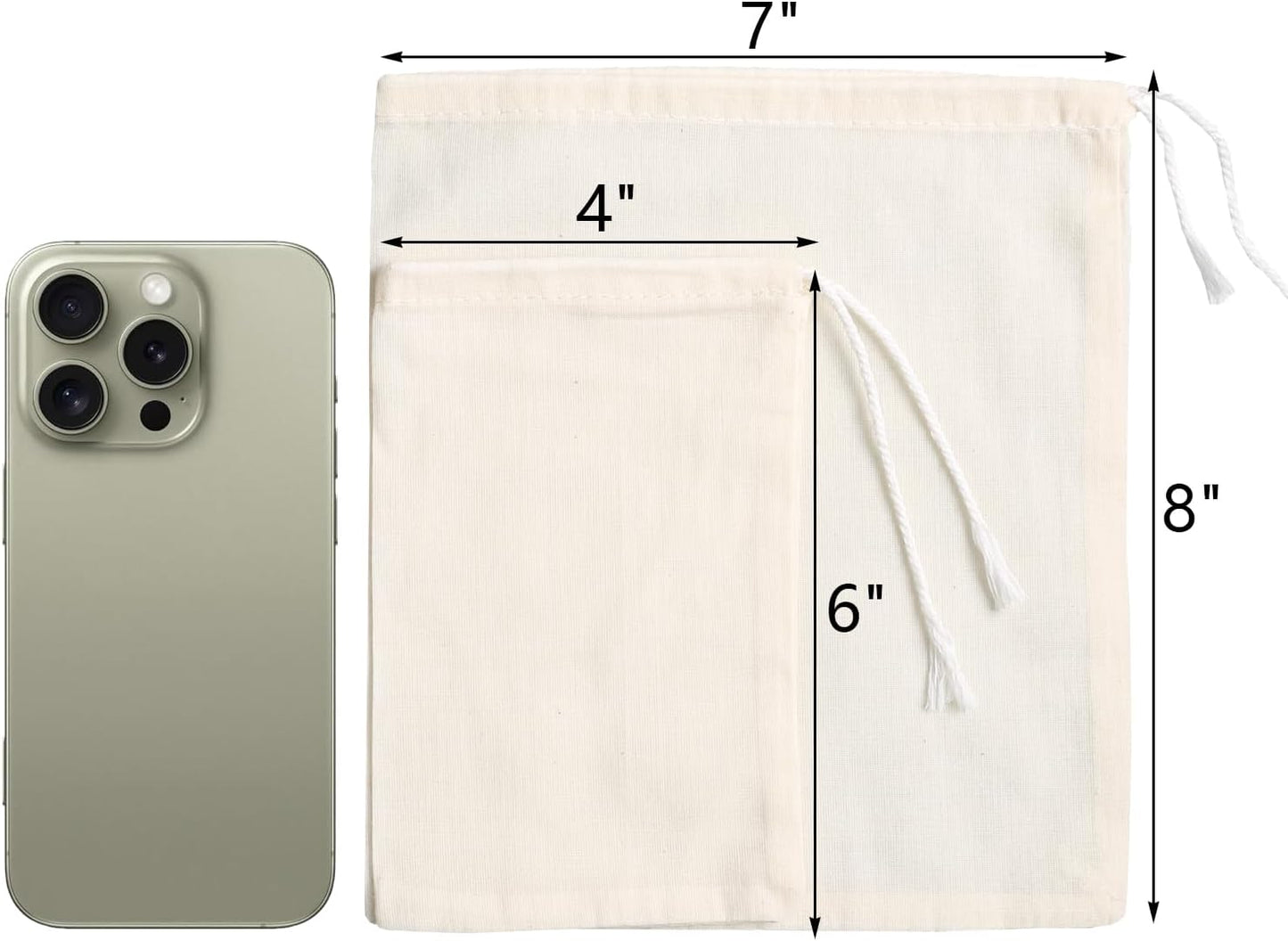 Eketirry Spice Bags, 10pcs Reusable Empty Tea Bags, Muslin Strainer Bags, Soup Bags for Cooking, Natural Cotton Fine Mesh Cheesecloth Bags for Cold Brew Coffee(4 x6"&7 x8")