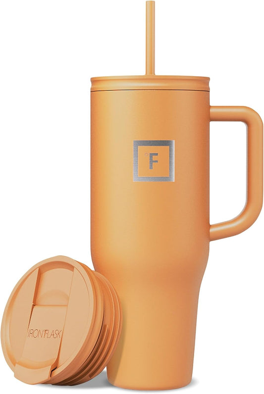 IRON °FLASK Co-Pilot Insulated Mug w/Straw & Flip Cap Lids - Cup Holder Bottle for Hot, Cold Drink - Leak-Proof- Water, Coffee Portable Travel Tumbler - Clementine, 40 Oz