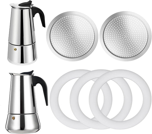 2 Pcs Filter with 3 Pcs Silicone Gasket Seals for 4 Cup Stovetop Espresso Coffee Maker Replacement Parts for Big Tummy and Straight Stainless Steel Moka Pot