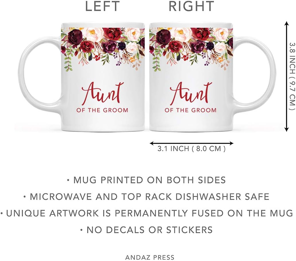 Andaz Press 11oz. Wedding Ceramic Coffee Tea Mug Gift, Fall Autumn Marsala Burgundy Flowers Roses Florals, Aunt of the Groom, 1-Pack, Includes Gift Box