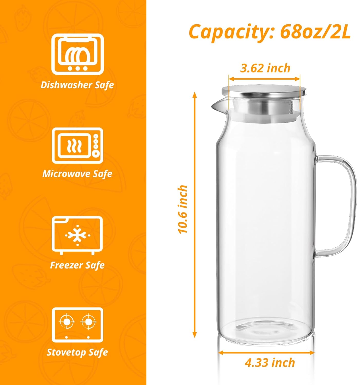 2 Liter 68 oz Glass Pitcher with Lid and Spout, Glass Water Pitcher for Fridge, Glass Carafe for Hot/Cold Water, Large Jug for Iced Tea, Coffee, Juice and Homemade Beverage