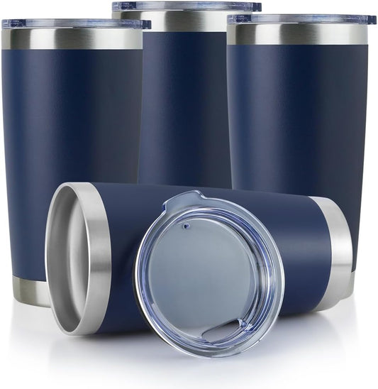 DOMICARE 20oz Stainless Steel Tumbler Bulk with Lid, Double Wall Vacuum Insulated Travel Mug, Powder Coated Coffee Cup (Powder Navy, 4)