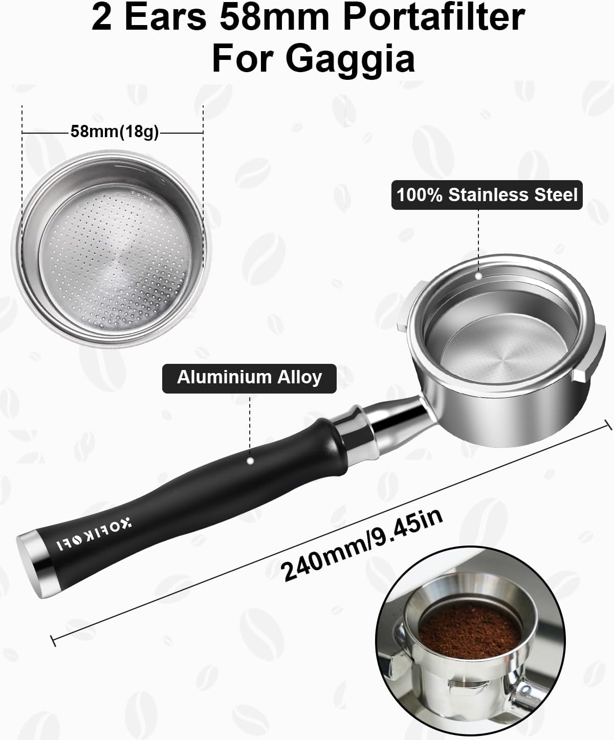 58mm Bottomless Portafilter For Gaggia, 2 Ears Flat Naked Portafilter Fits Gaggia Espresso Coffee Machines with Anodized Aluminum Handle, Stainless Steel Head,18g Filter Basket, Puck Screen Included
