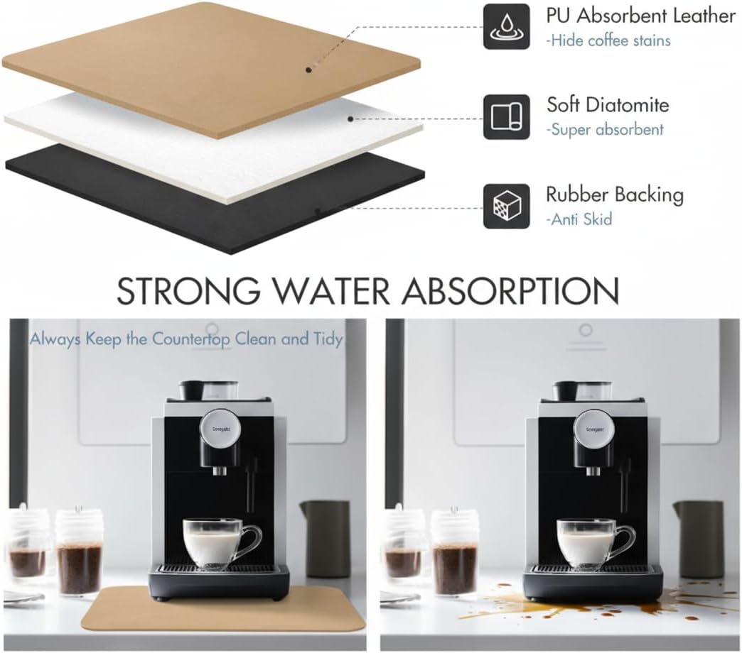 Dish Drying Mat Super Absorbent – 16" x 18" Coffee Mat for Countertops – Non-Slip Drying Mat for Kitchen Counter – Easy to Clean Water Absorbent Mat – Large Dish Drying Mats (Chowning's Tan)