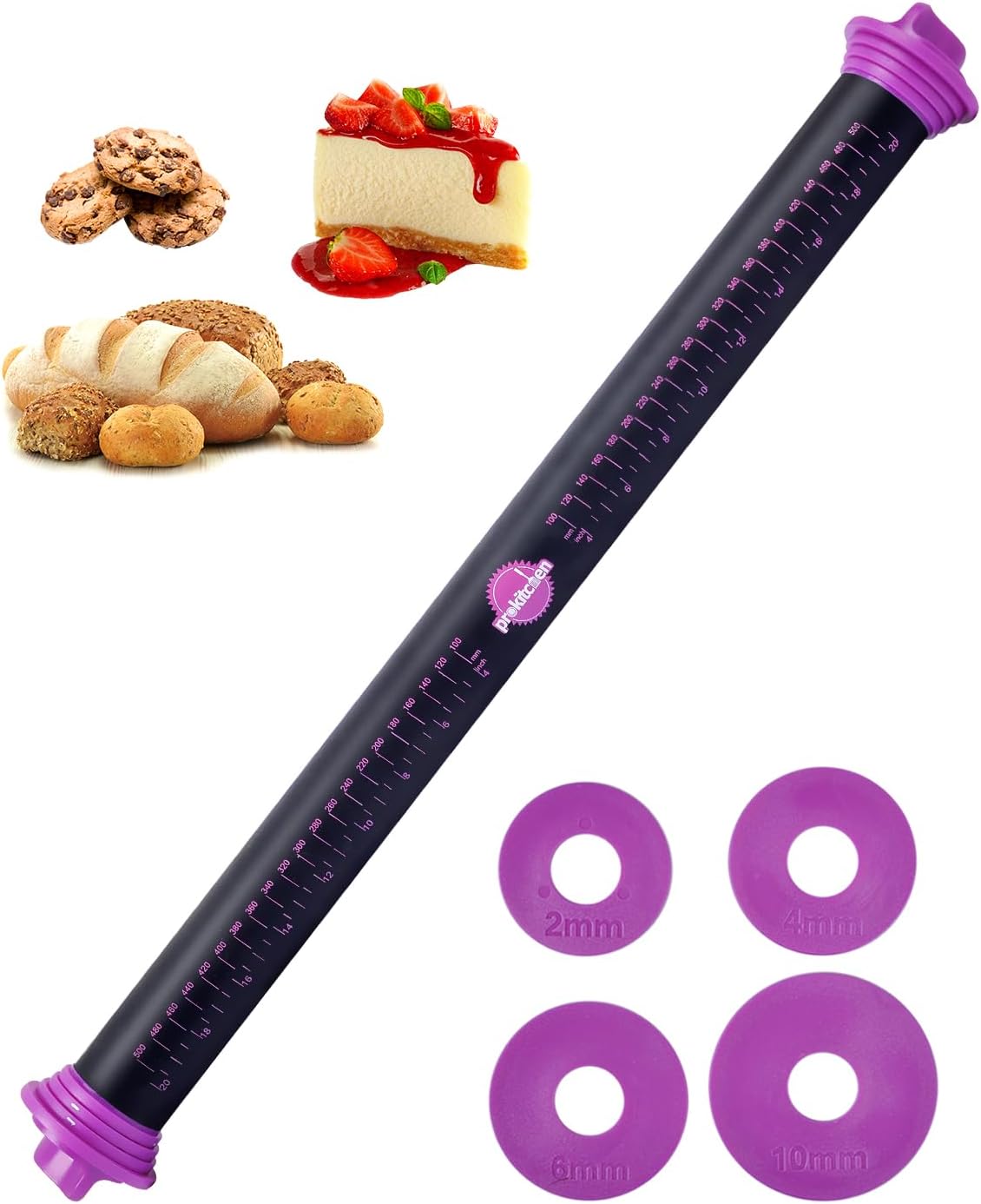 Silicone Rolling Pin with Thickness Rings, Adjustable Designs for Fondant, Cookie Decorating, Pasta, Pizza, 23.6 inch Purple Large Long Pin
