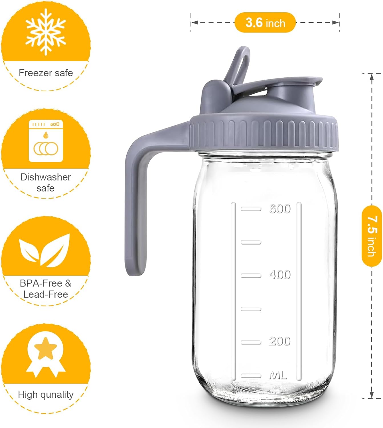 Mason Jar Pitcher, 32 OZ Glass Pitcher with Lid Double Leak-proof with Handle Water Jug Wide Mouth Breast Milk Pitcher Fridge Container for Water, Juice, Iced Coffee, Tea, Juice - Grey