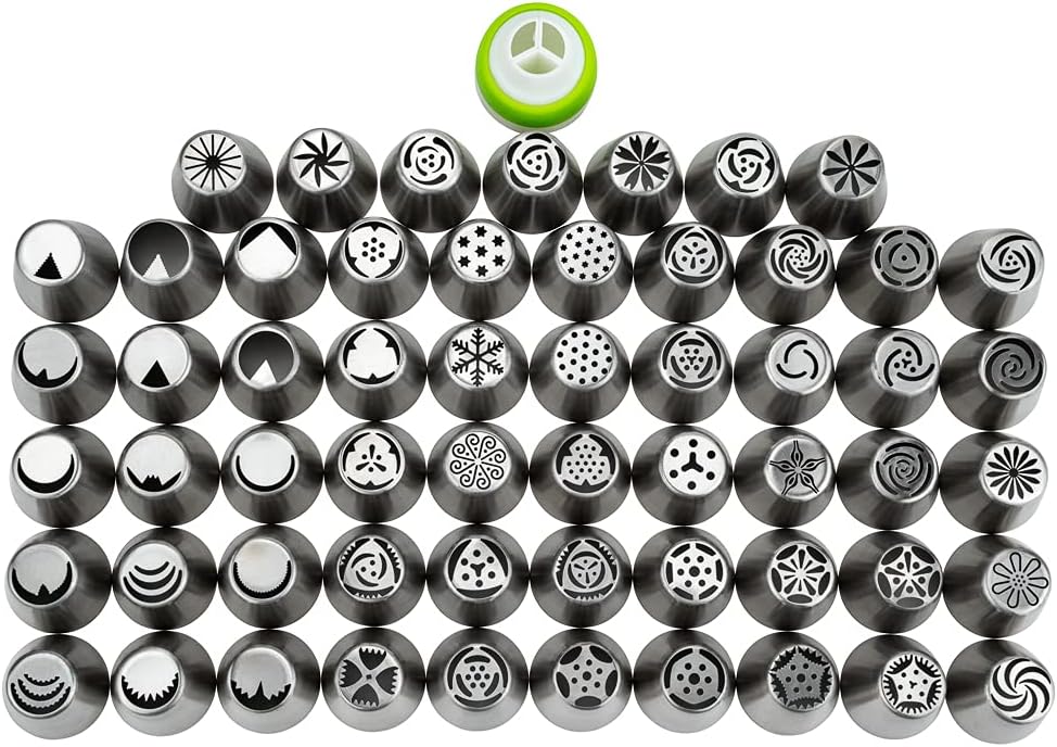 Restaurantware Pastry Tek Russian Piping Tips Set 68 Piece Durable Cake Decorating Kit - 57 Piping Tips 10 Piping Bags Stainless Steel Piping Bags And Tips Set 1 Tri-Color Coupler